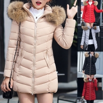 Fashion Faux Fur Spliced Hooded Solid Color Slim Fot Padded Coat