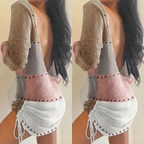 Sexy U-shaped Backless Long Sleeve Contrast Color Dress