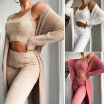 Fashion Solid Color Crop Top + Pants + Long Sleeve Cardigan Three-piece Set
