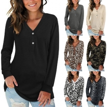 Fashion Leopard Printed Long Sleeve V-neck T-shirt