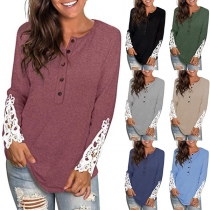 Fashion Lace Spliced Long Sleeve Round Neck T-shirt
