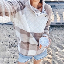 Fashion Contrast Color Long Sleeve Oblique Collar Plaid Sweatshirt