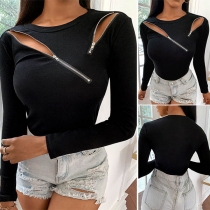 Fashion Solid Color Long Sleeve Round Neck Zipper T-shirt