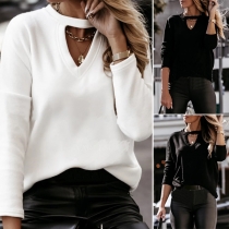 Fashion Solid Color Long Sleeve V-neck Knit Top