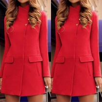 Fashion Solid Color Long Sleeve Slim Fit Woolen Coat