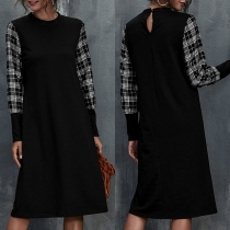Fashion Plaid Spliced Long Sleeve Round Neck Dress
