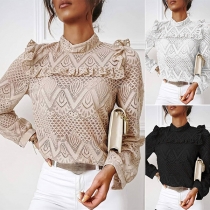 Sexy See-through Gauze Spliced Long Sleeve Round Neck T-shirt