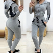 Contrast Color Long Sleeve Hooded Top + Pants Two-piece Set