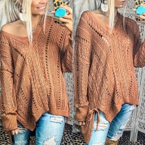 Fashion Solid Color Long Sleeve V-neck High-low Hem Hollow Out Knit Top