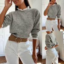 Fashion Lace Spliced Long Sleeve Round Neck Knit Top