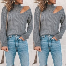 Sexy Off-shoulder Long Sleeve Mock Neck Solid Color Knit Top