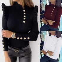 Fashion Solid Color Long Sleeve Mock Neck Ruffle Knit Top