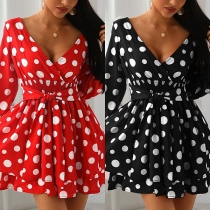 Sexy V-neck Long Sleeve High Waist Dots Printed Dress