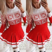 Fashion Contrast Color Long Sleeve Round Neck Printed Christmas Dress