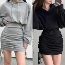 Fashion Solid Color Long Sleeve Side-drawstring Hooded Dress
