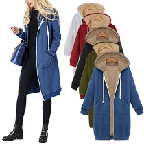 Fashion Solid Color Long Sleeve Hooded Plush Lining Coat