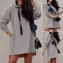Fashion Solid Color Long Sleeve Drawstring Hooded Loose Sweatshirt Dress