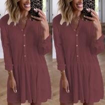 Fashion Solid Color Long Sleeve Round Neck Front-button Dress
