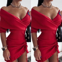 Sexy V-neck Irregular Hem Solid Color Slim Fit Knit Dress