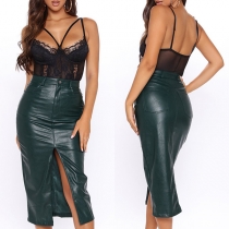 Sexy High Waist Slit Hem PU Leather Skirt