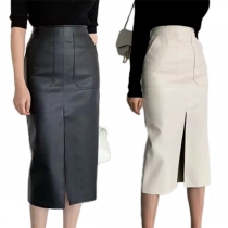 Sexy High Waist Slit Hem PU Leather Skirt