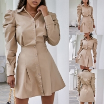 OL Style Puff Sleeve POLO Collar Solid Color Shirt Dress