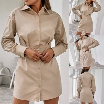 OL Style Long Sleeve POLO Collar Solid Color Shirt Dress