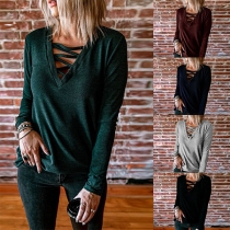 Simple Style Long Sleeve Crossover V-neck Solid Color Knit Top