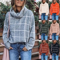 Fashion Long Sleeve Cowl Neck High-low Hem Plaid Knit Top