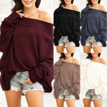 Sexy Off-shoulder Boat Neck Long Sleeve Loose Knit Top