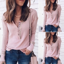 Fashion Long Sleeve Round Neck Printed Spliced Knit Top