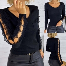 Sexy Hollow Out Lace Spliced Long Sleeve Round Neck Knit Top