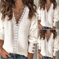 Fashion Lace Spliced V-neck Long Sleeve Solid Color Knit Top
