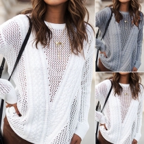 Fashion Solid Color Long Sleeve Round Neck Hollow Out Knit Top