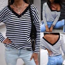 Fashion Long Sleeve V-neck Striped T-shirt