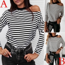 Sexy Off-shoulder Long Sleeve Round Neck Striped T-shirt