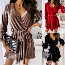 Sexy V-neck Long Sleeve Solid Color Drawstring Waist Dress