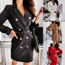 OL Style Long Sleeve Double-breasted Suit Dress with Waistband