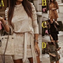 Fashion Solid Color Puff Sleeve Round Neck Slim Fit Dress