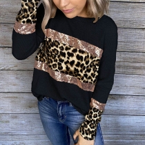 Fashion Leopard Spliced Long Sleeve Round Neck Sweatshirt