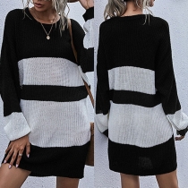 Simple Style Long Sleeve Round Neck Contrast Color Loose Knit Dress