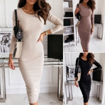 Simple Style Long Sleeve Round Neck Slim Fit Knit Dress