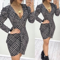 Sexy V-neck Long Sleeve V-neck Slim Fit Houndstooth Dress