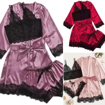Sexy Sling Lace Crop Top + Shorts + Bathrobe Nightwear Three-piece Set