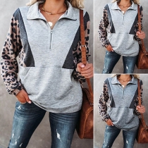 Fashion Contrast Color Leopard Spliced Long Sleeve Sweatshirt