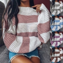 Fashion Contrast Color Long Sleeve Round Neck Loose Sweater