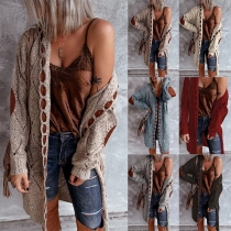 Fashion Contrast Color Long Sleeve Hooded Knit Cardigan