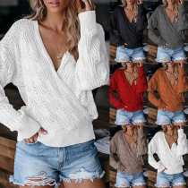 Sexy V-neck Long Sleeve Solid Color Hollow Out Knit Top