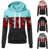 Fashion Contrast Color Plaid Spliced Long Sleeve Hooded Sweatshirt