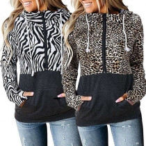Fashion Zebra-stripe/Leopard Spliced Long Sleeve Hooded Sweatshirt